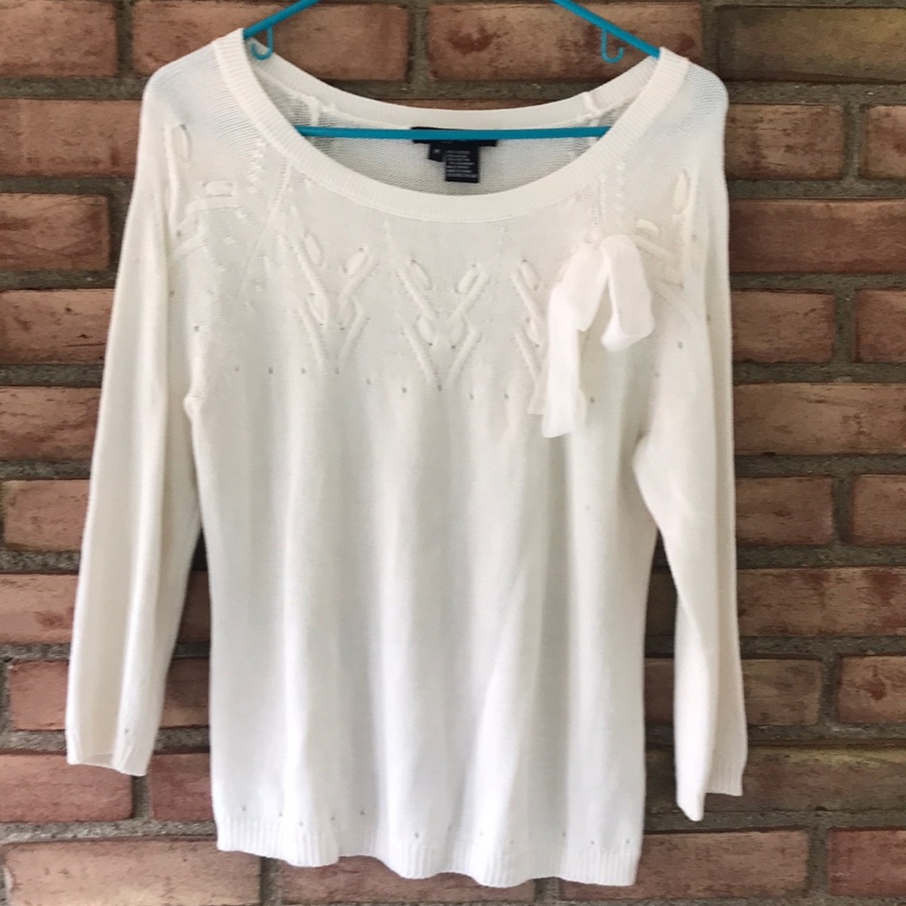 Etcetera, M, white, knit, long sleeve, sweater, w/cashmere, ribbon detailing